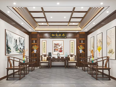 Chinese Style Reception Room Interior With Wooden Furniture Landscape Paintings And Traditional Ceiling 3d model