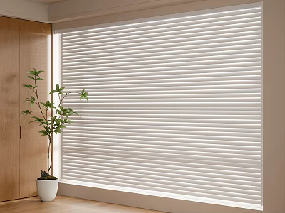 Modern White Window Blinds In Minimalist Room With Wooden Cabinet And Green Plant 3d model