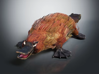 Platypus With Brown Orange Fur Open Mouth And Webbed Feet On Gray Background 3d model