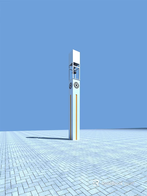 Modern White Clock Tower With Sleek Vertical Structure And Brick Ground Under Blue Sky 3d model