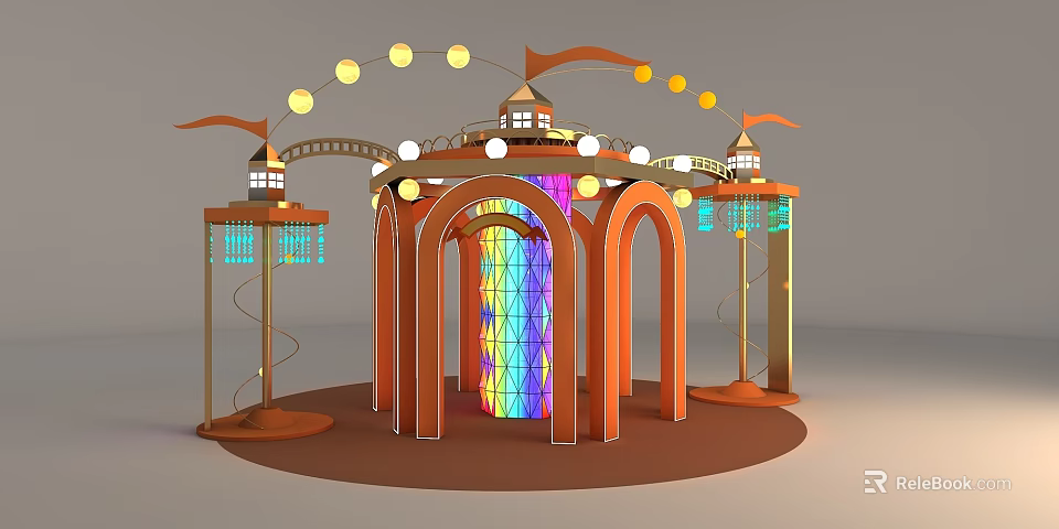 Decorative Arched Structure With Colorful Glass Round Top Lights And Flags 3d model