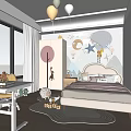 Kids Bedroom Interior Design With Decorative Wall Stars Balloons Study Desk And Soft Rug