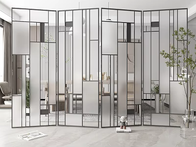 Modern Interior Room Divider With Black Metal Geometric Frame And Glass Panels In Living Area 3d model