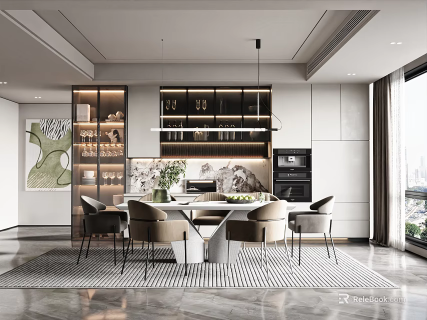 Modern Restaurant Interior With Open Layout Dining Table Chairs Pendant Lights And Area Rug 3d model 