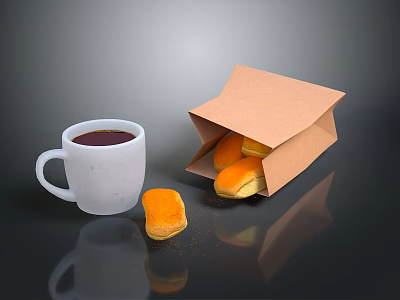 White Coffee Cup And Brown Paper Bag With Yellow Pastries On Dark Surface 3d model
