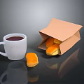 White Coffee Cup And Brown Paper Bag With Yellow Pastries On Dark Surface