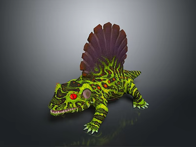 Reptile with Sail Like Fin Yellow Green Body Black Patterns Red Eyes Sharp Claws 3d model