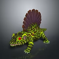 Reptile with Sail Like Fin Yellow Green Body Black Patterns Red Eyes Sharp Claws