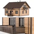 Detached Wooden House Exterior With Brown Tiled Roof Balcony And Windows