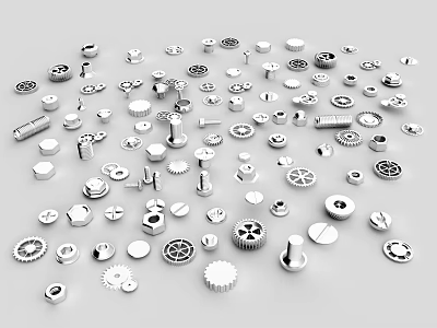 Various Hardware Tools Parts Including Gears Bolts Nuts And Washers Scattered On White Background 3d model