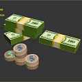 Stacked Green 100 Dollar Bills With Yellow Bands And Coin Stacks