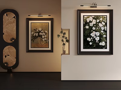 Elegant Abstract Painting With White Flowers Framed For Interior Wall Decor 3d model