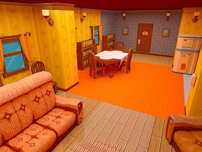 Cartoon Scene Room Interior With Orange Sofa Wooden Floor Orange Carpet And Dining Table 3d model