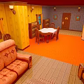 Cartoon Scene Room Interior With Orange Sofa Wooden Floor Orange Carpet And Dining Table