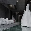 Elegant Artistic Scene With White Gowns Chair Geometric Walls Chandeliers And Dark Background