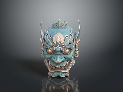 Traditional Teal Mask Sculpture With Intricate Carvings And Metallic Accents 3d model