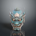 Traditional Teal Mask Sculpture With Intricate Carvings And Metallic Accents