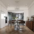 Modern Dining and Living Room Interior With Chandelier Fireplace Sofa And Plants
