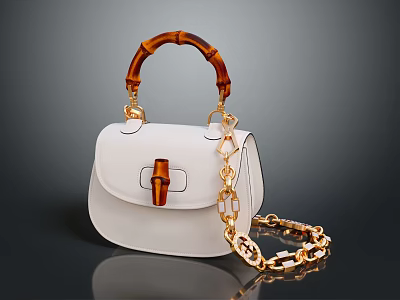 Stylish White Handbag With Bamboo Handle And Gold Chain Design 3d model
