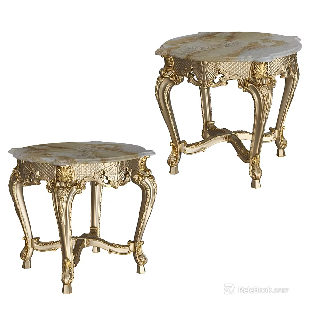 Ornate European Style Coffee Table Set With Gold Carved Legs And Marble Tops 3d model 