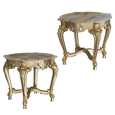 Ornate European Style Coffee Table Set With Gold Carved Legs And Marble Tops 3d model