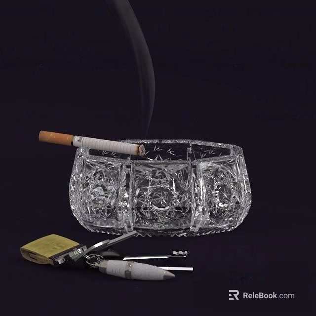 Decorative Ornament Set With Crystal Ashtray Cigarette And Lighter On Dark Background 3d model 