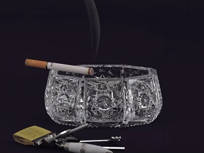 Decorative Ornament Set With Crystal Ashtray Cigarette And Lighter On Dark Background 3d model
