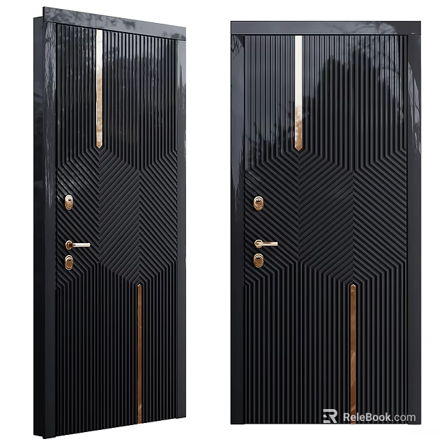 Modern Black Security Door With Herringbone Pattern And Golden Handles Design 3d model