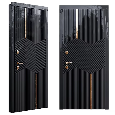 Modern Black Security Door With Herringbone Pattern And Golden Handles Design 3d model