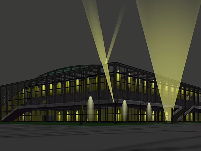Modern Curved Roof Building Exterior With Glass Windows And Nighttime Lighting 3d model