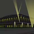 Modern Curved Roof Building Exterior With Glass Windows And Nighttime Lighting
