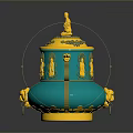 Intricate Decorative Sculpture With Teal Body Yellow Carvings Dragon Handles And Top Statue