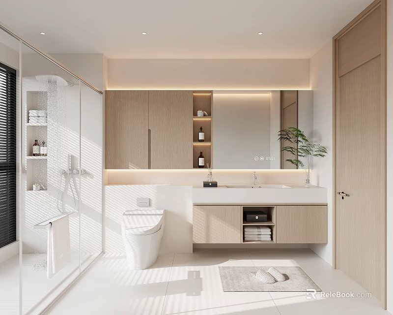 Bright Modern Minimalist Bathroom With Light Wood Cabinets Smart Toilet And Glass Shower Area 3d model 