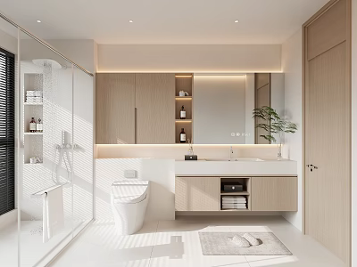 Bright Modern Minimalist Bathroom With Light Wood Cabinets Smart Toilet And Glass Shower Area 3d model