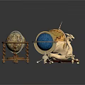 Decorative Vintage and Blue Globes on Ornate Patterned Carpet with Wooden Metal Stands