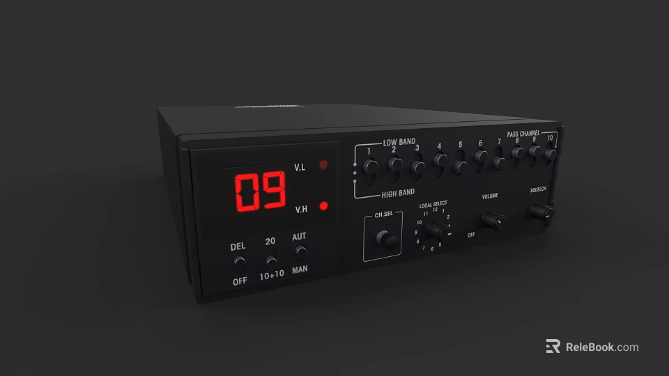 Professional Black Audio Amplifier With Digital Display Volume Treble Bass Control Knobs And Buttons 3d model 