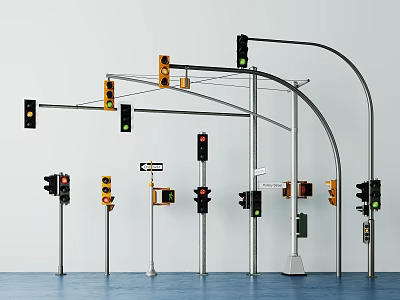 Outdoor Traffic Lights With Multiple Designs Curved Straight Poles And Yellow Green Lights 3d model