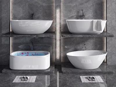 Elegant Bathtub Designs In Modern Bathroom With Grey Walls Towel Flower Petals And Slippers 3d model