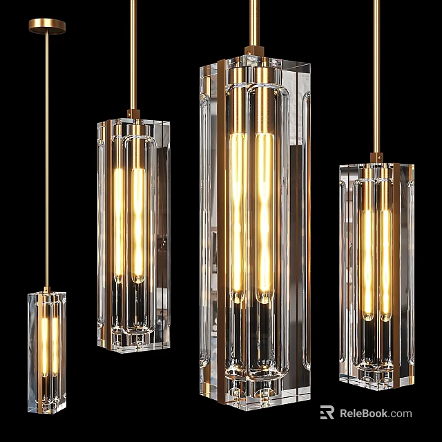 Modern Rectangular Transparent Glass Pendant Lights With Golden Frame And Warm Illumination 3d model
