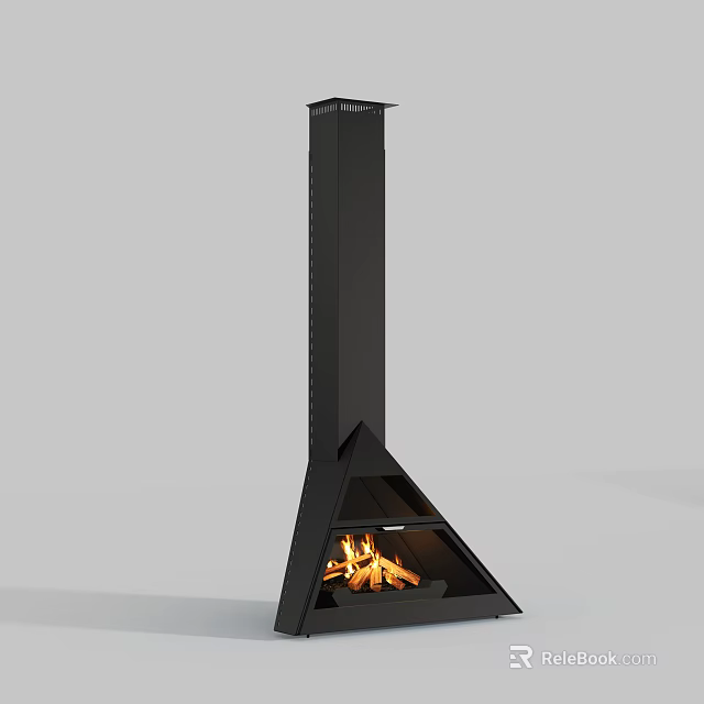 Modern Black Fireplace With Triangle Base And Vertical Chimney Burning Warm Flames 3d model