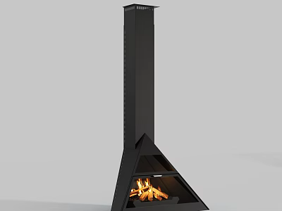 Modern Black Fireplace With Triangle Base And Vertical Chimney Burning Warm Flames 3d model