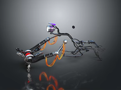 Game and Movie Sci Fi Mechanical Character with Metallic Parts Orange Cables and Purple Lights 3d model