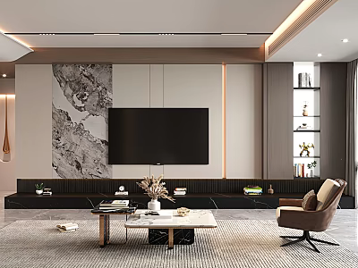 Modern Living Room Interior With Marble Accent Wall Large TV Accent Chair And Bookshelf 3d model