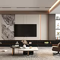 Modern Living Room Interior With Marble Accent Wall Large TV Accent Chair And Bookshelf