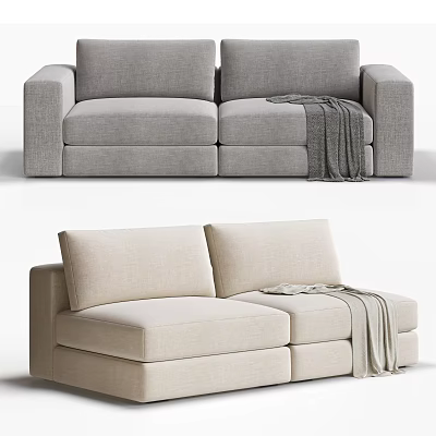 Gray And Beige Two Seater Sofa With Modern Design And Soft Throw Blanket 3d model
