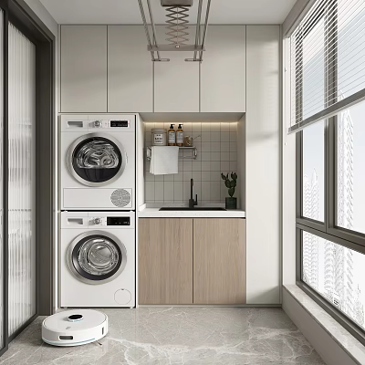 Modern Home Balcony Design With Stacked Washing Machine Dryer Sink And Potted Plant 3d model