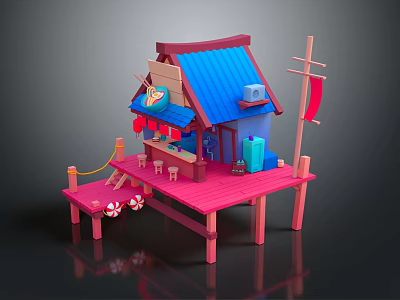Cartoon Scene With Cute House Blue Roof Red Platform Lanterns Small Tables Chairs Flag Decorations 3d model