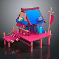 Cartoon Scene With Cute House Blue Roof Red Platform Lanterns Small Tables Chairs Flag Decorations