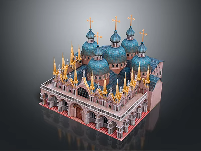 Historic Ornate Building With Blue Domes Golden Spires Arched Portals And Intricate Decorations 3d model