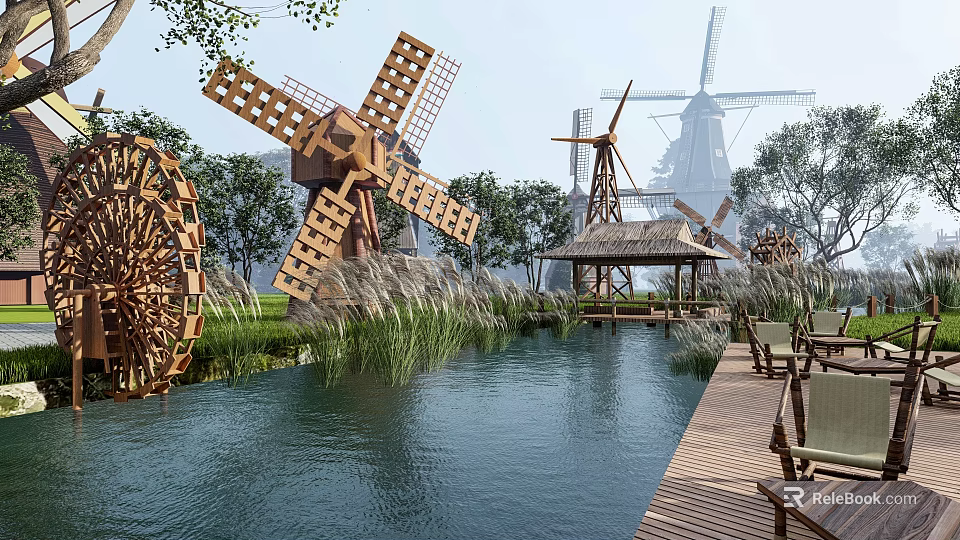 Traditional Wooden Windmills Water Wheel And Pavilion In Scenic Outdoor Setting With Deck 3d model 